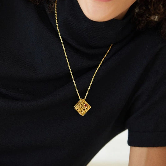 Gold Plated Square Hollow Out Garnet Pendant Sweater Chain Necklace - GENESIS