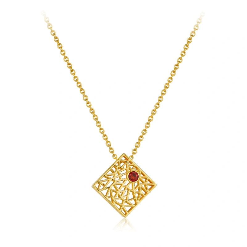 Gold Plated Square Hollow Out Garnet Pendant Sweater Chain Necklace - GENESIS