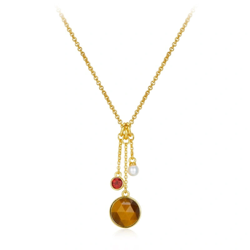 Tiger Eye Garnet Pearl Triple Bead Pendant 18k Gold Plated Necklace - GIANNA