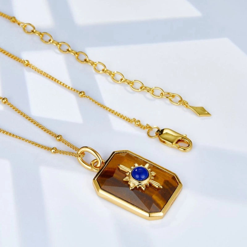 Tiger Eye Lapis Gold Plated Pendant Necklace - GIAVANNA