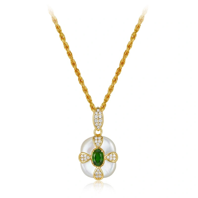 Luxurious Diopside&White Shell 18k Gold Plated Pendant Necklace - JOSEPHINE