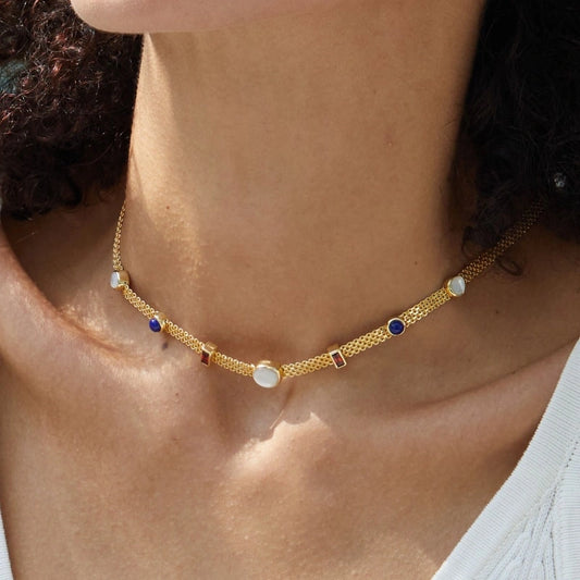 White Shell Lapis Lazuli Garnet 18k Gold Plated Sterling Silver Clavicle Chain Necklace - KAMARI