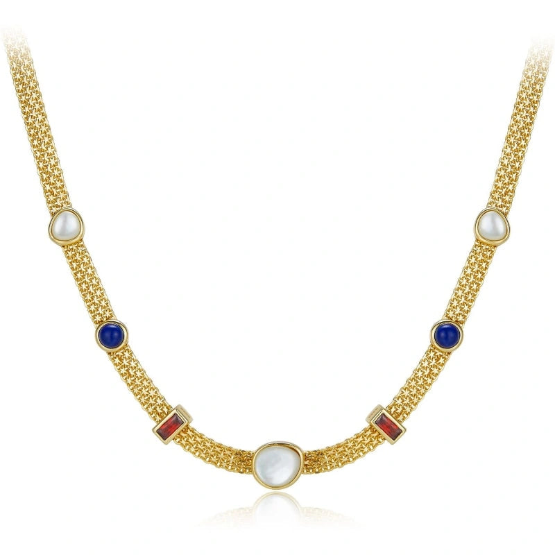 White Shell Lapis Lazuli Garnet 18k Gold Plated Sterling Silver Clavicle Chain Necklace - KAMARI