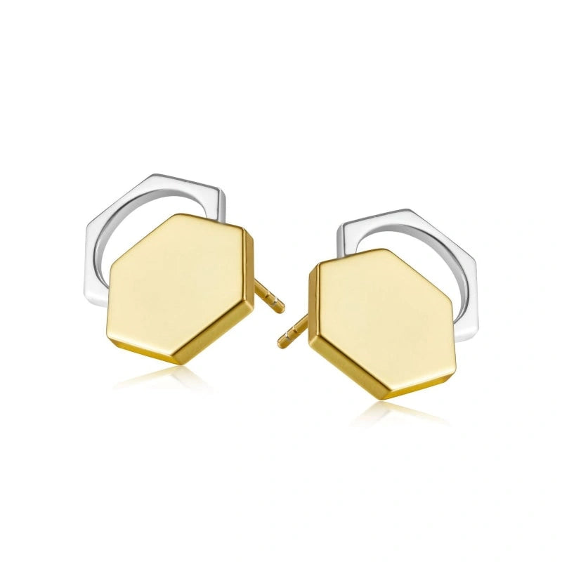 Double Hexagon Divided Colors Gold-Plated Earrings - KAMILA