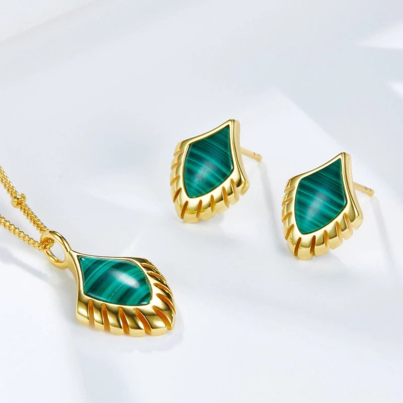 Natural Malachite Feather Gold Plated Earrings - LAKSHMI