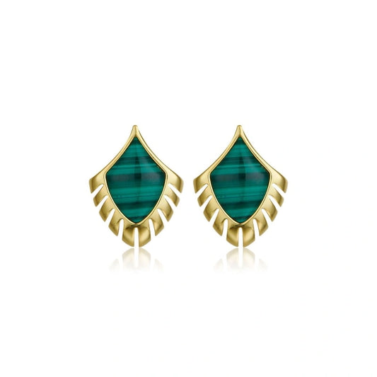 Natural Malachite Feather Gold Plated Earrings - LAKSHMI