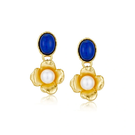 Lapis Lazuli Pearl Flower 18k Gold-plated Earrings - LEILANY