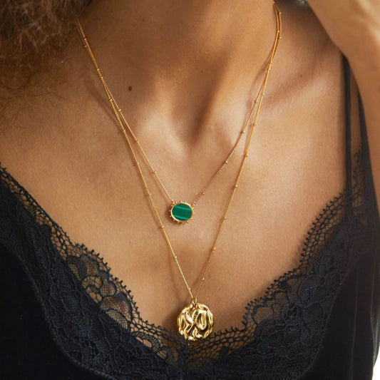 Natural Malachite Inlaid 18k Gold Plated Sterling Silver Pendant Necklace - LENA