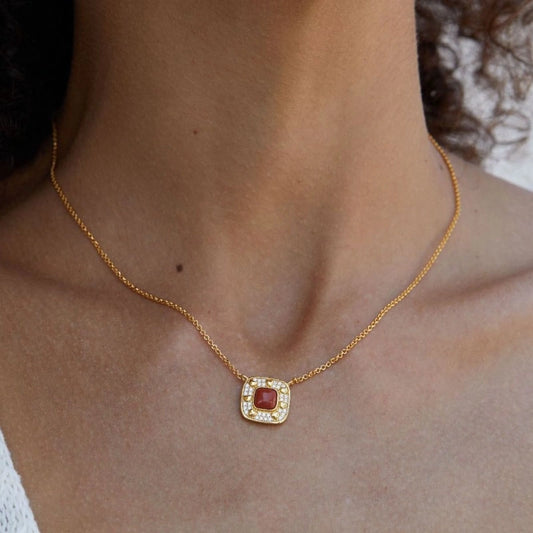 Square NanHong Agate Zircon Gold-Plated Sterling Silver Pendant Necklace - LILLIAN