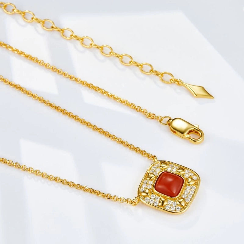 Square NanHong Agate Zircon Gold-Plated Sterling Silver Pendant Necklace - LILLIAN