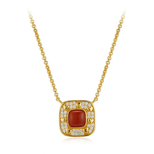 Square NanHong Agate Zircon Gold-Plated Sterling Silver Pendant Necklace - LILLIAN