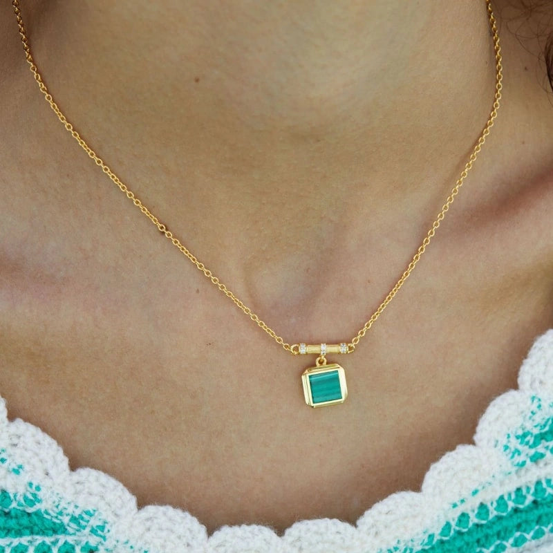 Square Natural Malachite 18k Gold Plated Sterling Silver Pendant Necklace - LIVIA