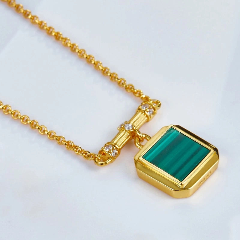 Square Natural Malachite 18k Gold Plated Sterling Silver Pendant Necklace - LIVIA