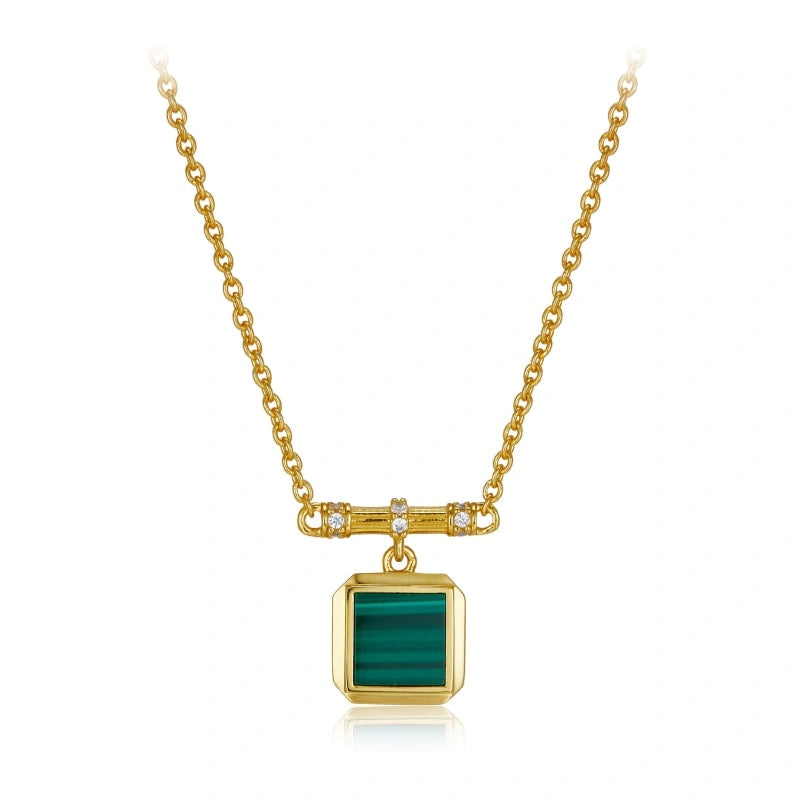 Square Natural Malachite 18k Gold Plated Sterling Silver Pendant Necklace - LIVIA