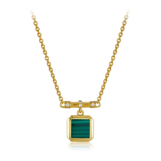 Square Natural Malachite 18k Gold Plated Sterling Silver Pendant Necklace - LIVIA