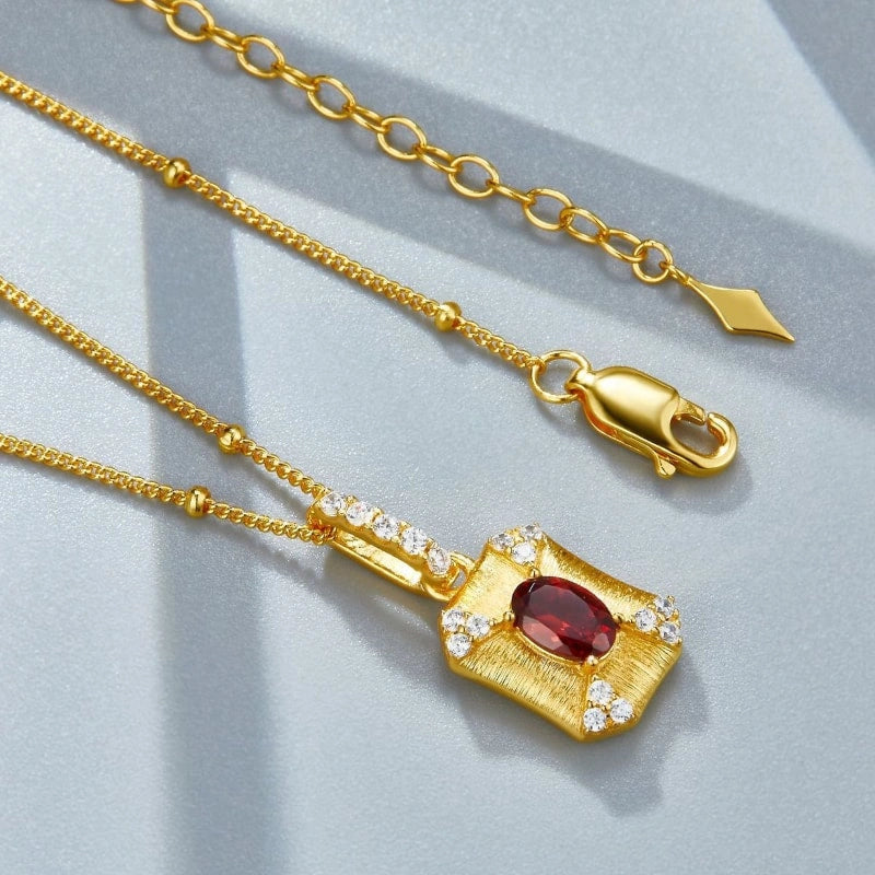 Brushed Gold-plated Pendant With Garnet Zircon Necklace - MYLAH