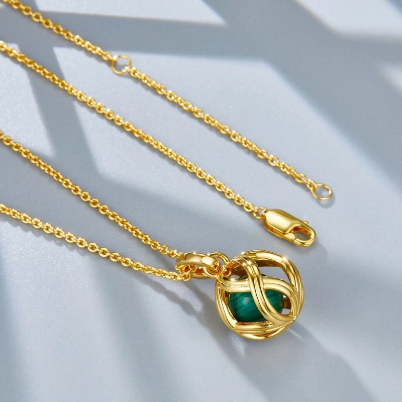 18k Gold Plated Cutout Natural Malachite Pendant Sweater Chain Necklace - NATALIE