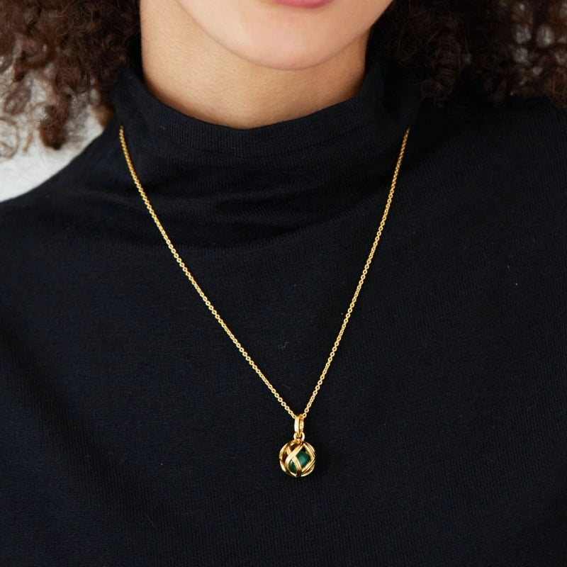 18k Gold Plated Cutout Natural Malachite Pendant Sweater Chain Necklace - NATALIE