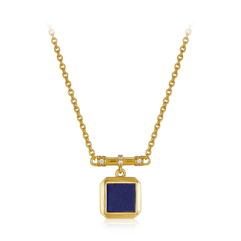 Square Natural Lapis 18k Gold Plated Sterling Silver Pendant Necklace - OLIVIA