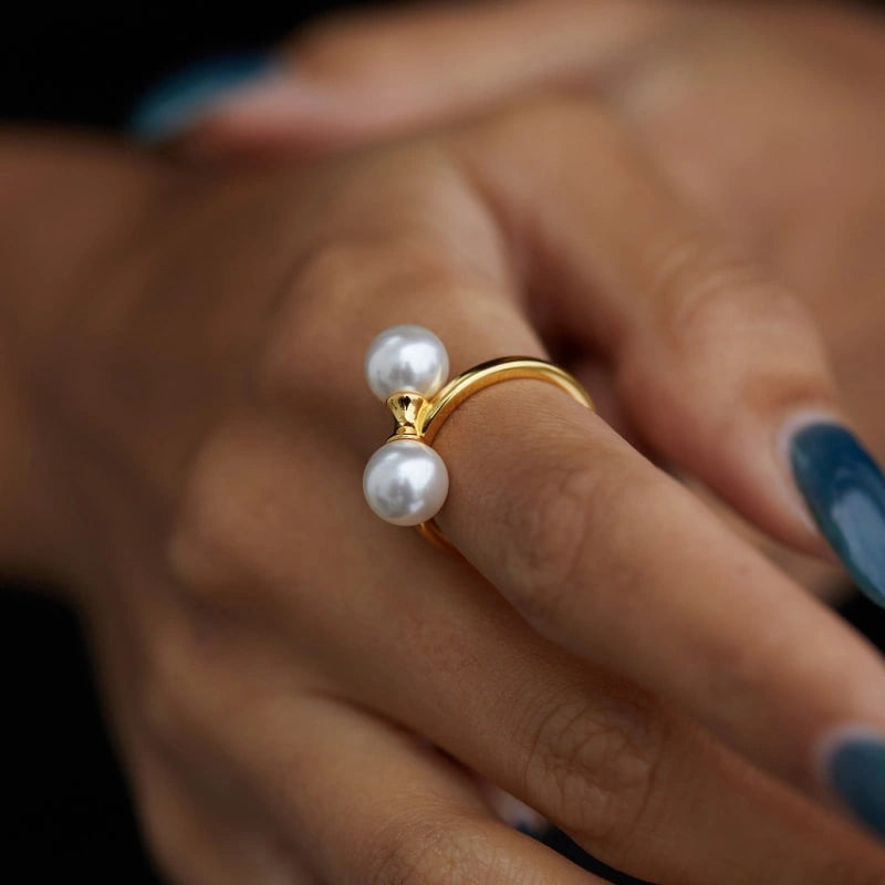 Chic Double Pearl 18k Gold Plated Sterling Silver Ring - SAMANTHA
