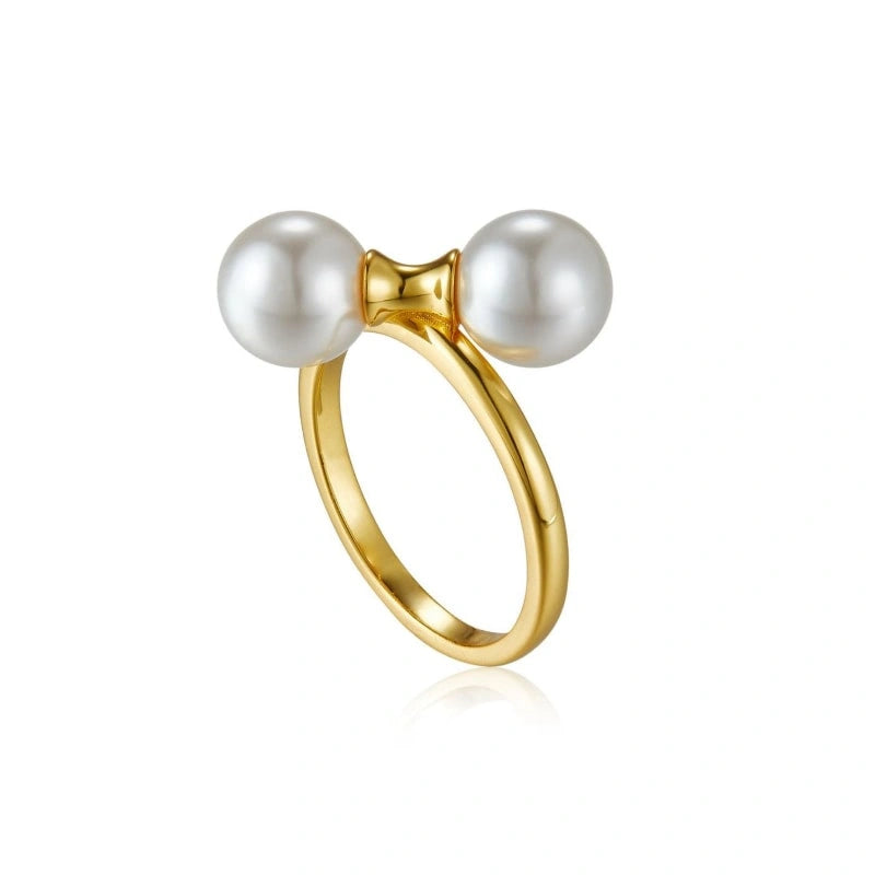 Chic Double Pearl 18k Gold Plated Sterling Silver Ring - SAMANTHA
