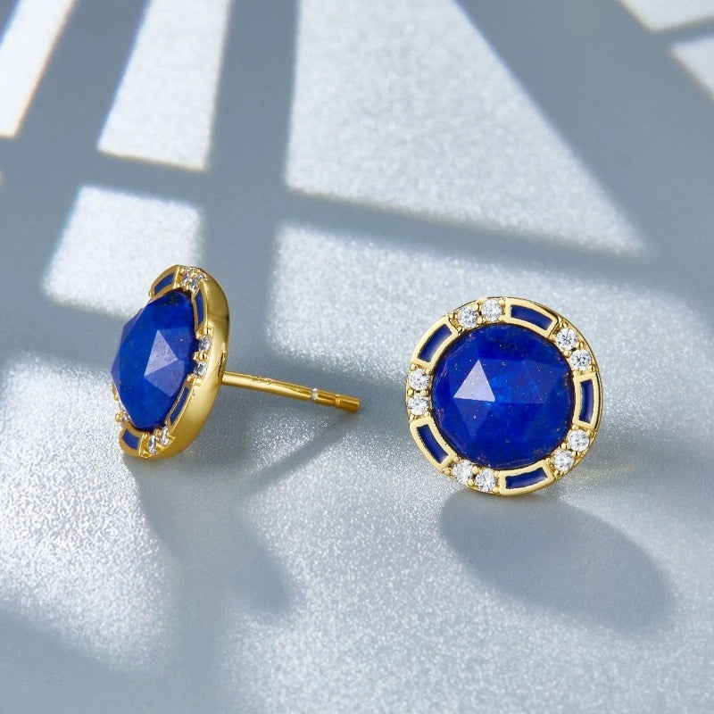 Fashion Lapis Lazuli Zircon Round Gold Plated Stud Earrings - PERSEPHONE