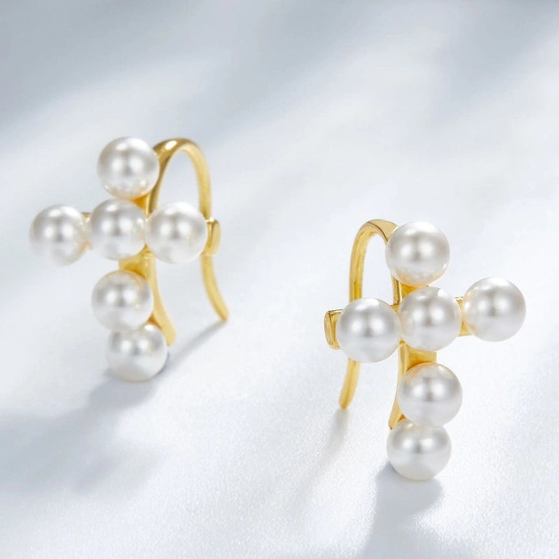 Elegant Cross Pearl 18k Gold Plated Earrings - PRISCILLA