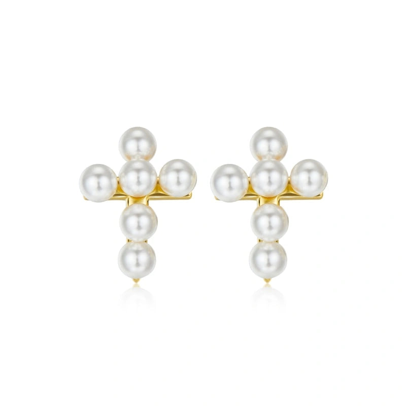 Elegant Cross Pearl 18k Gold Plated Earrings - PRISCILLA