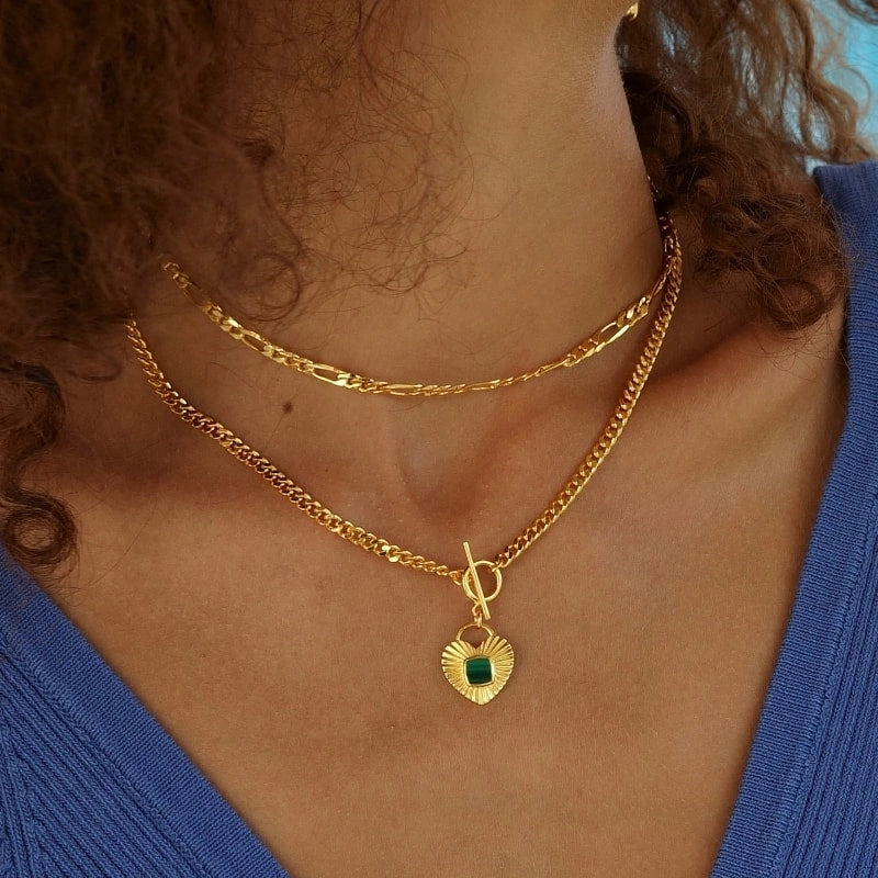 Heart Malachite Gold Plated Pendant Cuban Chain Necklace - REMI