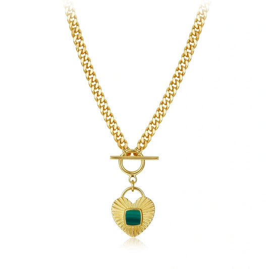 Heart Malachite Gold Plated Pendant Cuban Chain Necklace - REMI