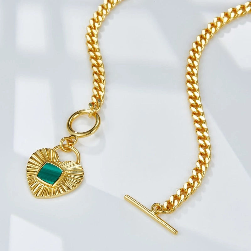 Heart Malachite Gold Plated Pendant Cuban Chain Necklace - REMI