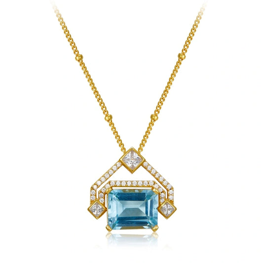 Cube Blue Topaz Zircon 18k Gold Plated Sterling Silver Pendant Necklace - RILEY