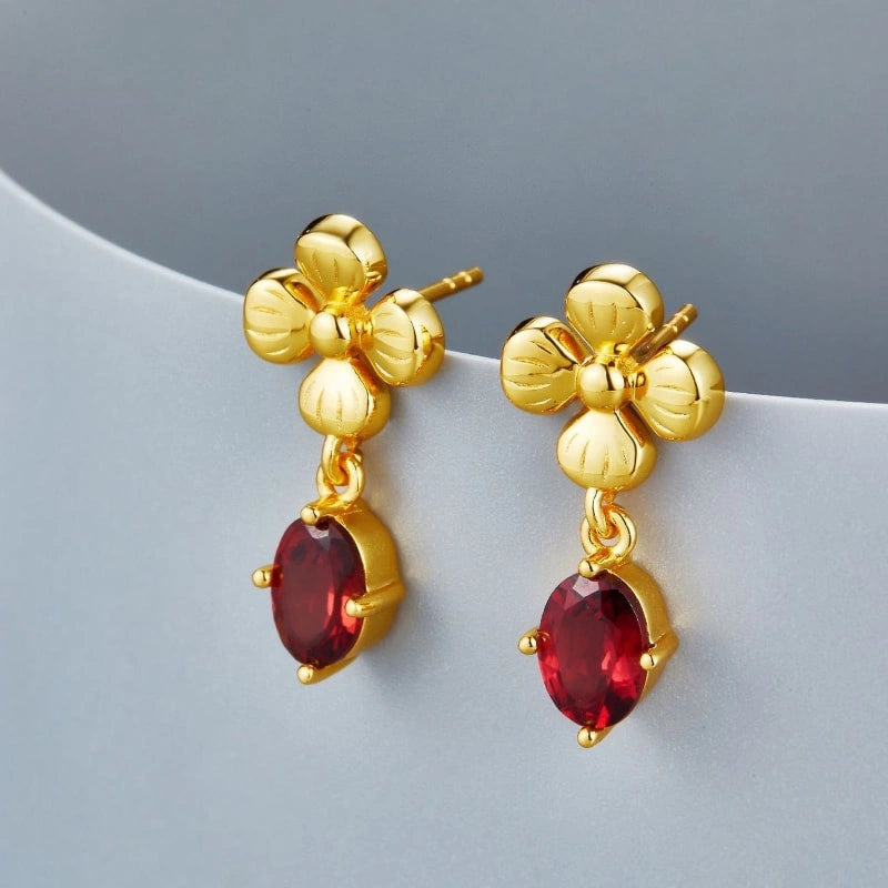 Beautiful 18k Gold-plated Garnet Flower Earrings - ROYAL