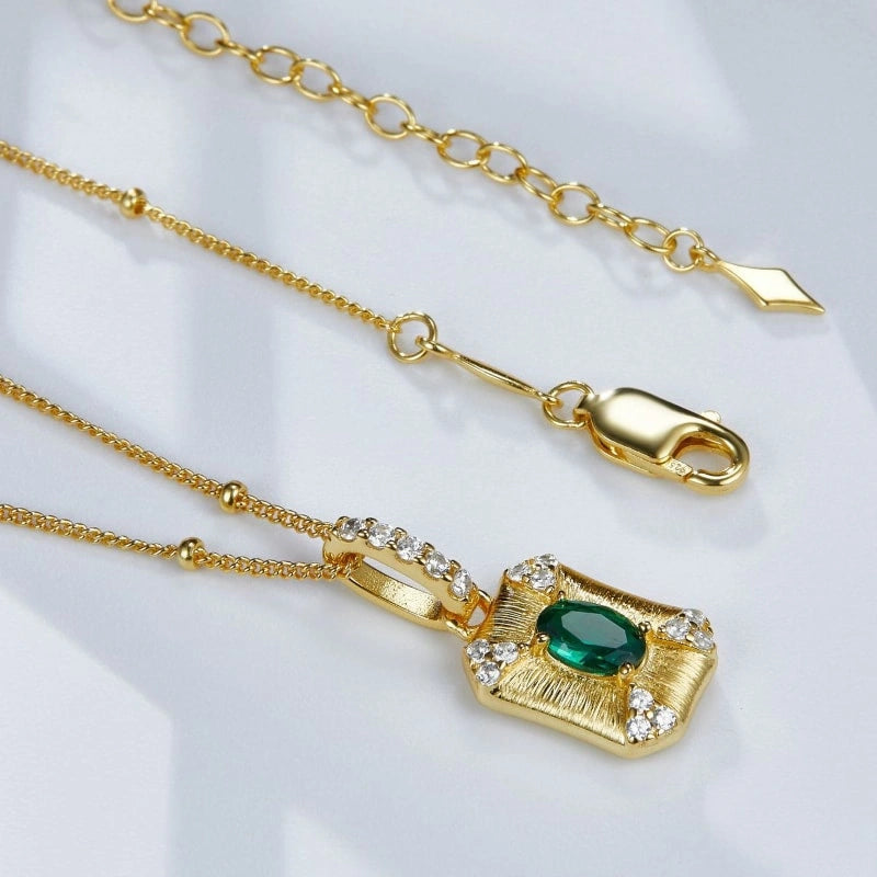 Brushed Gold Plated Pendant with Green Zircon Necklace - SADIE