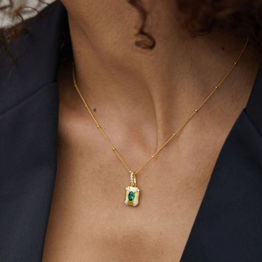 Brushed Gold Plated Pendant with Green Zircon Necklace - SADIE