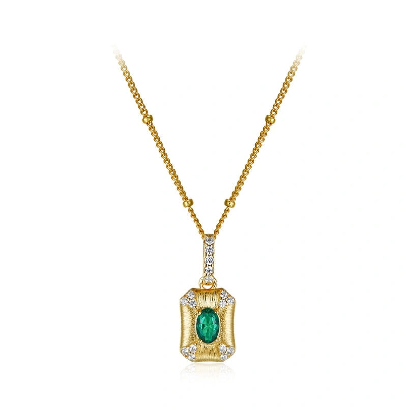 Brushed Gold Plated Pendant with Green Zircon Necklace - SADIE