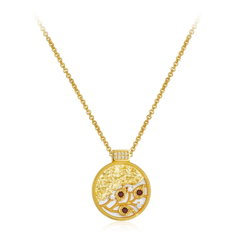 Gold-plated Openwork Inlaid White Shell Garnet Zircon Pendant Necklace - STELLA