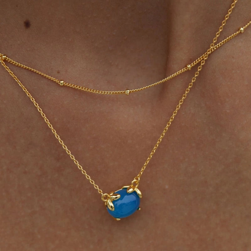 Natural Blue Agate Gold Plated Sterling Silver Pendant Necklace - TAYTUM