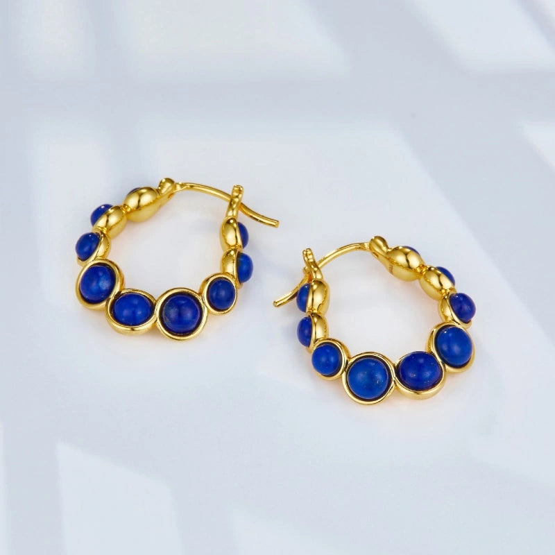 Stylish Circular Multistone Lapis Lazuli Gold-plated Earrings - THEODORA