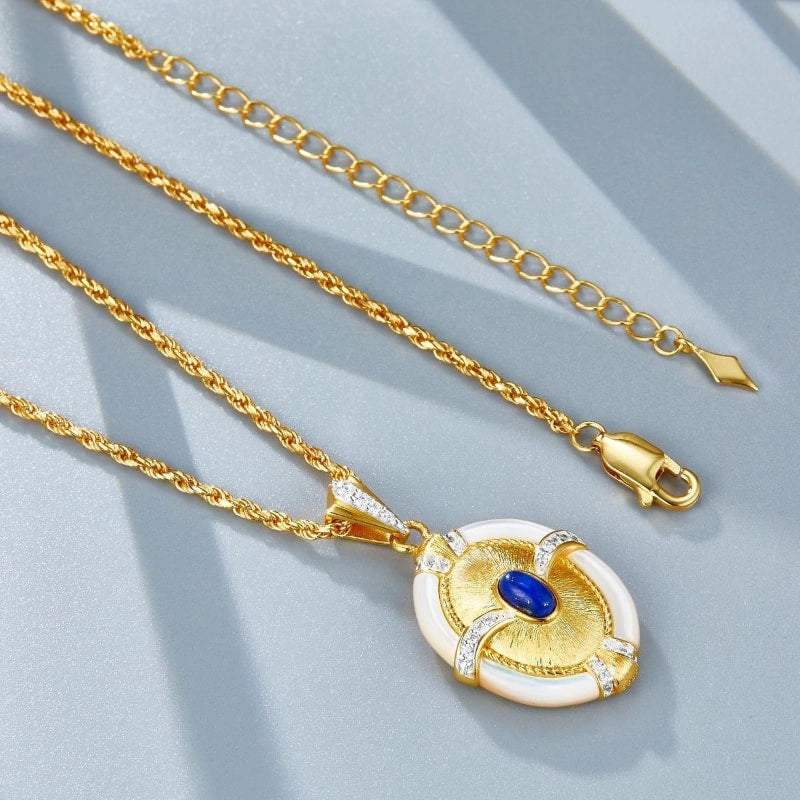 Luxurious Lapis Lapis & White Shell Zircon 18k Gold Plated Pendant Necklace - WAVERLY