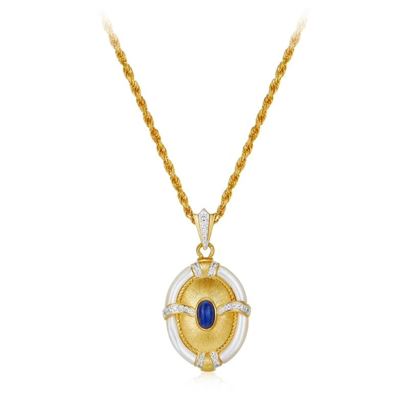 Luxurious Lapis Lapis & White Shell Zircon 18k Gold Plated Pendant Necklace - WAVERLY