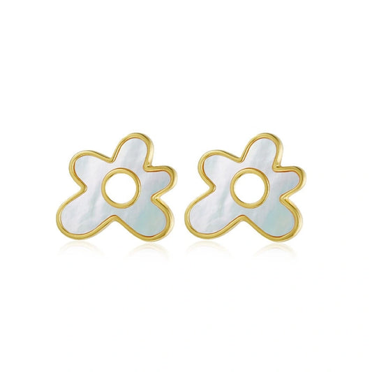 White Shell Flower 18ct Gilded Earrings - ZURI